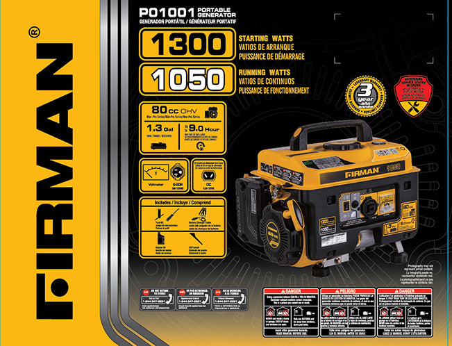 FIRMAN P01001 - Performance Series 1050 Watt Recoil Start Portable Generator-American Camp Supply